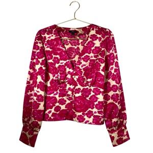 J Crew Floral Satin Plunge Button Satin‎ Blouse Women's Sz 2 Hot Pink 477